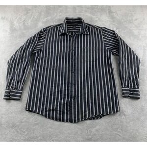 J Ferrar Mens Large Striped Button Down Shirt Black Grey‎ White Long Slv Cotton